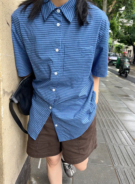 小众表妹 日系古着感蓝格子复古宽松休闲短袖衬衫