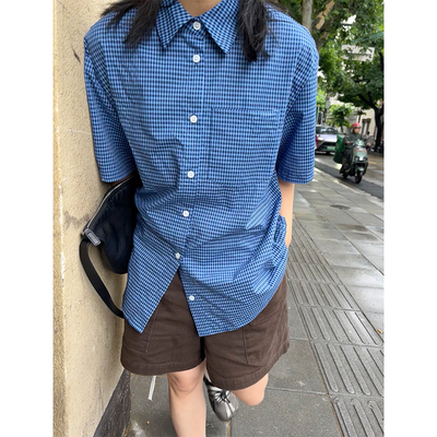 小众表妹 日系古着感蓝格子复古宽松休闲短袖衬衫