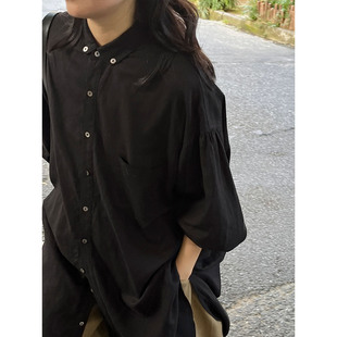 小众表妹日系森系复古长款 女vintage棉麻宽松慵懒风黑色外套 衬衫