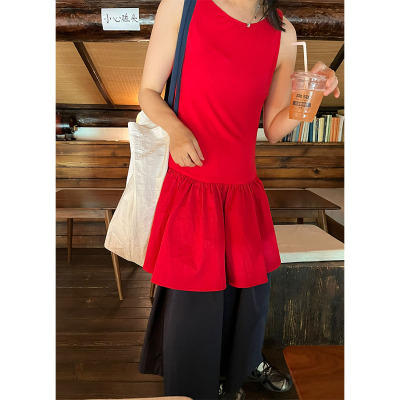 小众表妹 红色T恤式连衣裙自带p帘裙叠穿很出彩高弹力