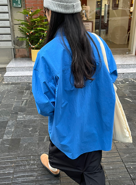 小众表妹 克莱因蓝秋季长袖衬衣女ins风上衣显白显瘦oversize衬衫