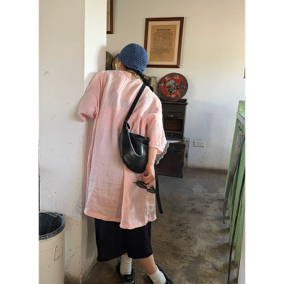 小众表妹 敲嫩的粉麻料中古衬衫式简约连衣裙中长款