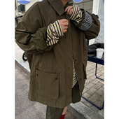 廓形外套 松弛感复古军绿色风衣秋冬宽松休闲中长款 小众表妹 工装