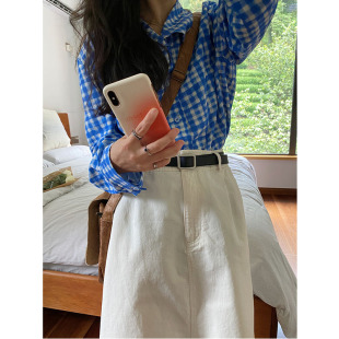 新款 女设计感2024秋季 小清新棉麻衬衣潮 衬衫 小众表妹蓝白格子长袖