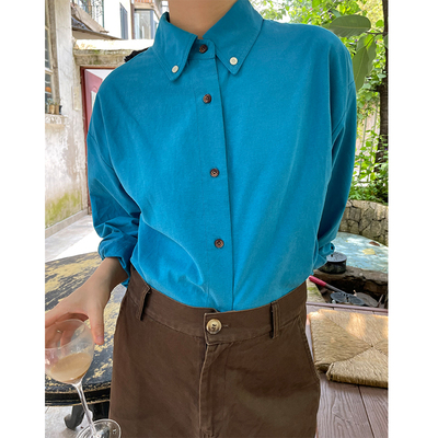 小众表妹2025秋季新品显白复古宽松衬衫女水湖蓝氛围感休闲衬衣