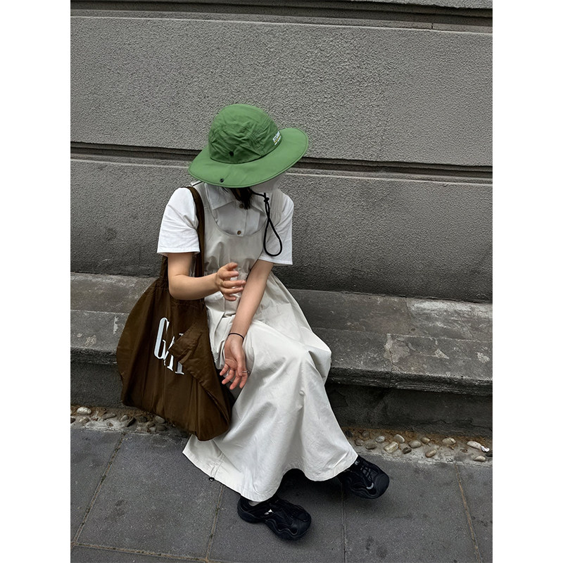 小众表妹 白色露营裙大口袋工装日系潮牌街头背带裙过膝连衣裙子
