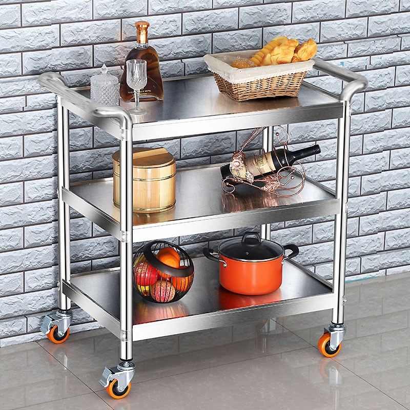 厨房不锈钢带轮推拉置物架三层餐厅酒店送餐车收纳整理两层工具车