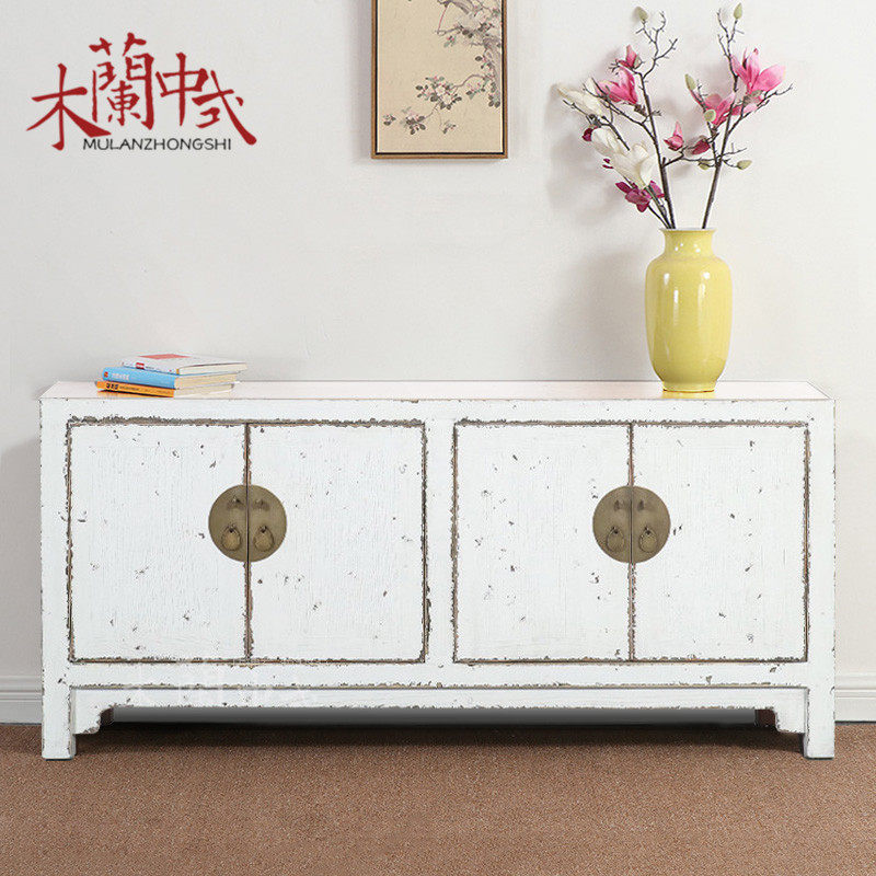 新中式电视柜仿古实木做旧白漆视听柜装饰矮柜 明清古典家具定制