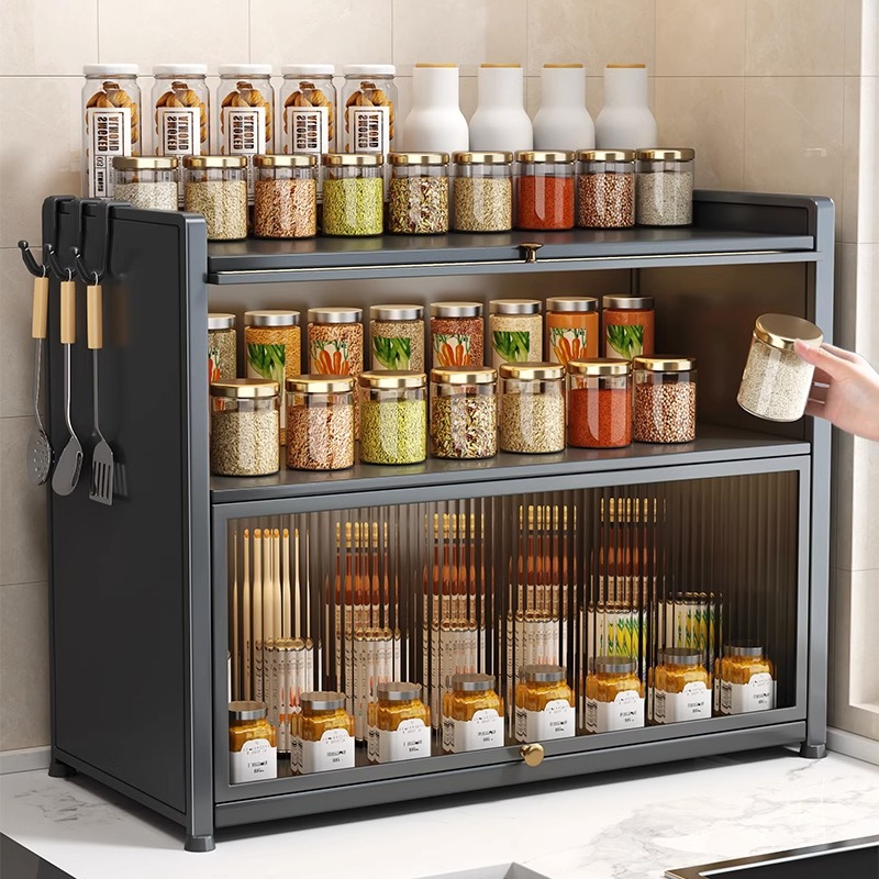 厨房调料品置物架收纳盒家用台面带盖子密封调味罐架柜内分层收纳