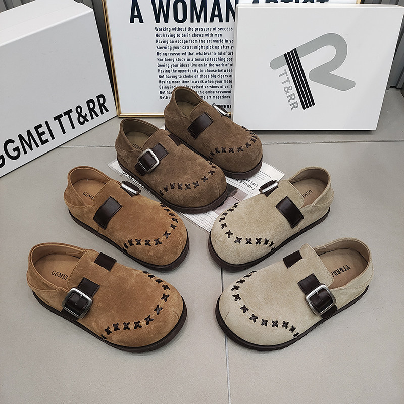 TTRR正品磨砂皮编织勃肯鞋厚底一字带扣复古风休闲女鞋2026春款鞋