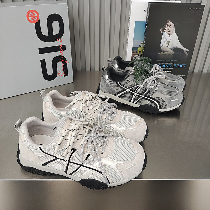 品牌德训鞋四季网拼接透气平底休闲运动鞋2026春款绑带低帮韩版女