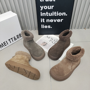 女鞋 厚绒毛毛口女短靴后拉链韩版 厚底勃肯雪地靴2025冬季 TTRR正品