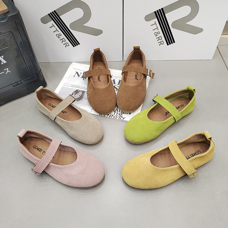 TTRR正品糖果色豆豆鞋浅口磨砂皮一字扣休闲百搭女鞋2026春夏韩版