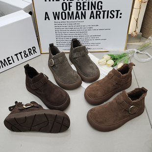 款 TTRR正品 2025冬季 高帮加绒一字带卡扣女鞋 磨砂皮橡胶厚底勃肯鞋