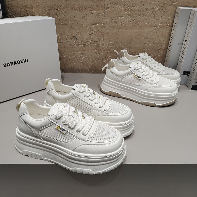 巴宝秀BABAOXIU超轻厚底小白鞋透气拼接绑带韩版低帮女鞋2026春夏