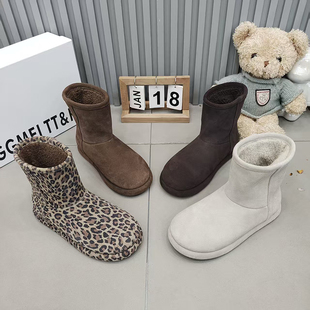 豹纹复古百搭款 TTRR正品 磨砂皮套筒雪地靴厚绒保暖女短靴2025冬季