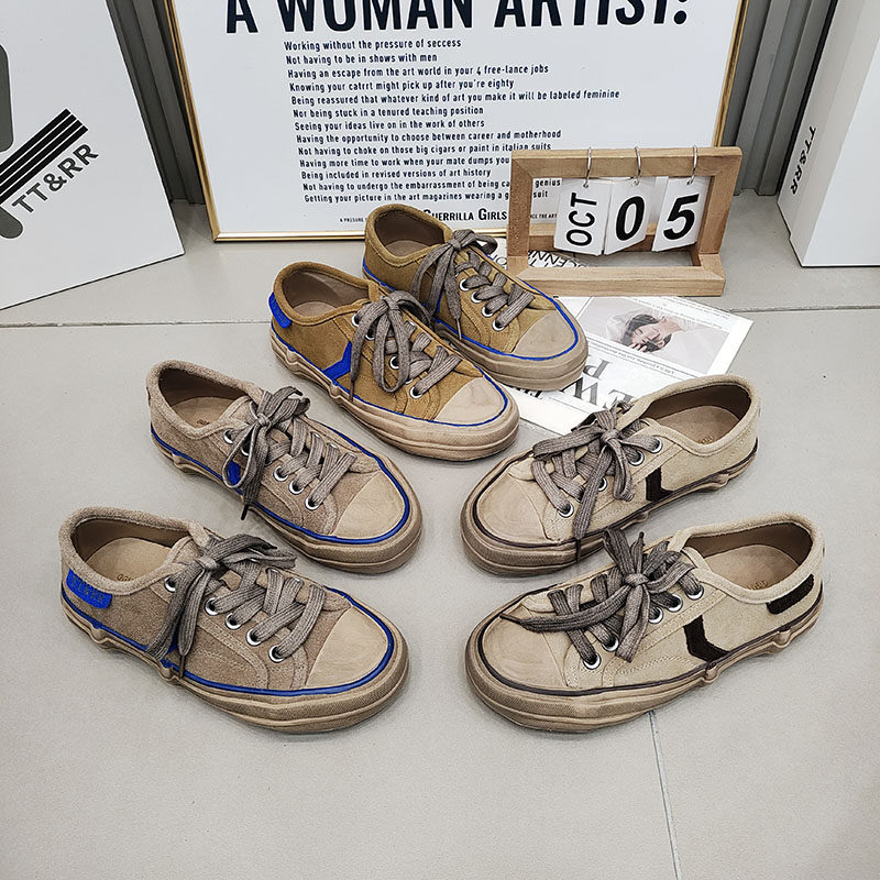 TTRR正品磨砂皮滑板鞋圆头做旧脏脏休闲韩版女鞋2026夏秋透气绑带