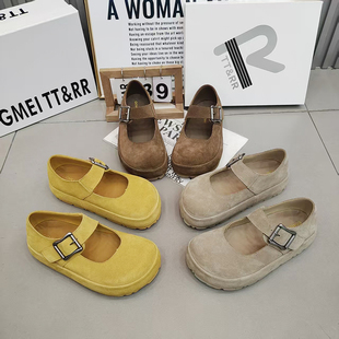 TTRR浅口勃肯鞋平底一字扣磨砂皮休闲女鞋2026春款透气百搭复古鞋