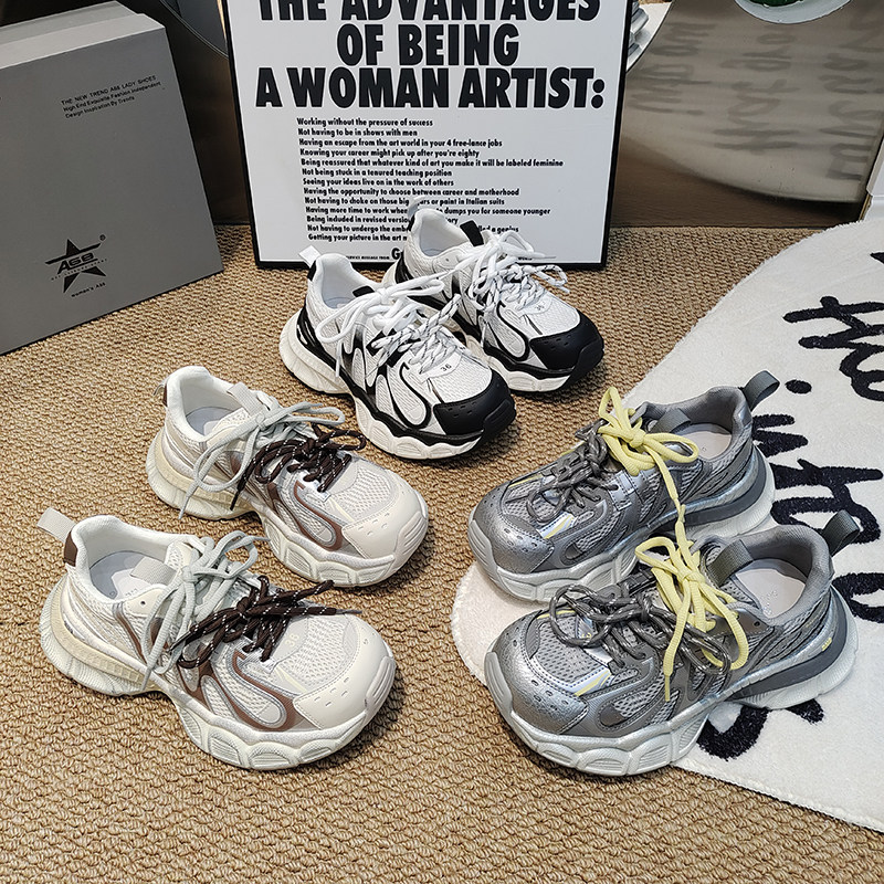 A68擦色渐变老爹鞋四季网透气增高女鞋2026韩版绑带拼接休闲运动