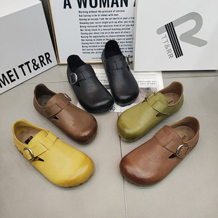 TTRR正品勃肯鞋牛皮软底糖果色休闲复古女鞋2026春款一字扣透气款