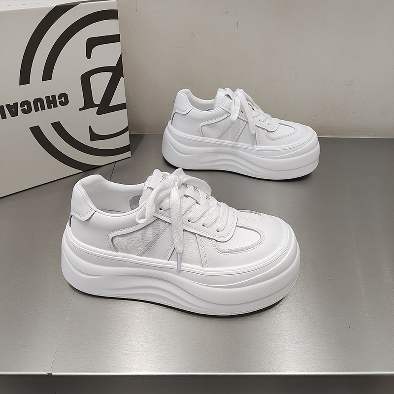 欧货松糕底小白鞋圆头拼接低帮韩版绑带休闲增高女鞋2026春款学院
