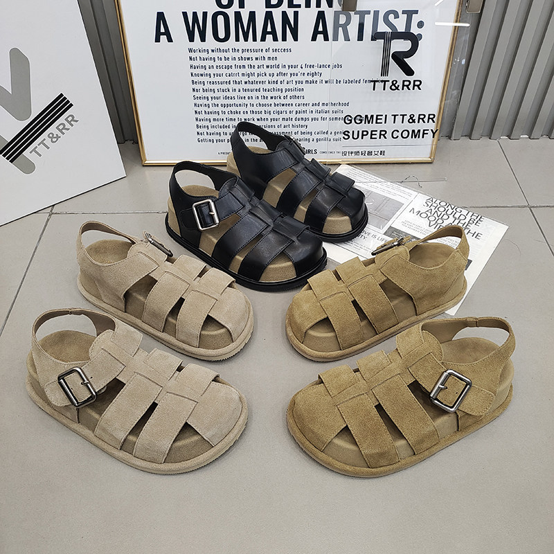 TTRR磨砂皮拼接包头女罗马凉鞋