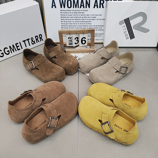 TTRR正品磨砂皮勃肯鞋超轻平底休闲复古女鞋2026春款透气一字卡扣