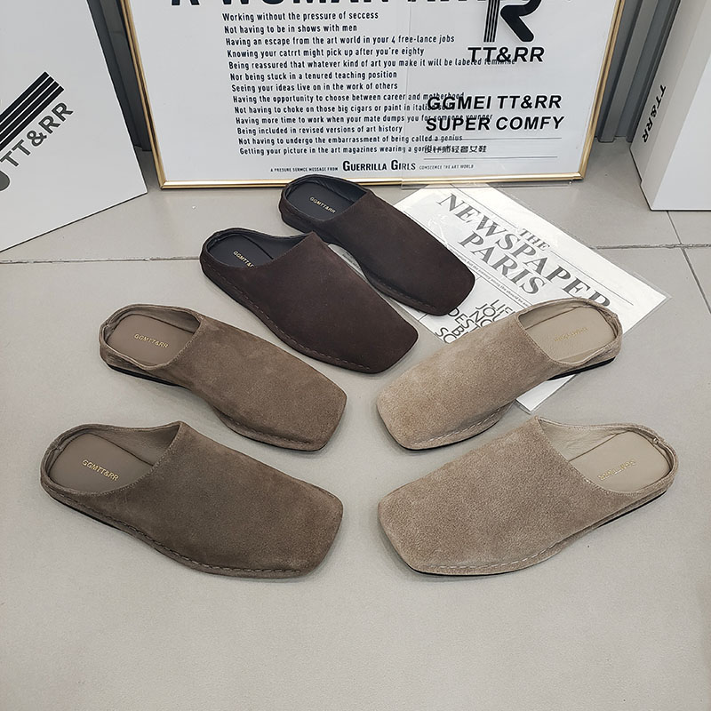 TTRR方头磨砂皮一脚蹬外穿包头鞋