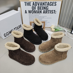 套筒雪地靴平底保暖休闲女鞋 TTRR正品 磨砂皮毛毛口女短靴2025冬季