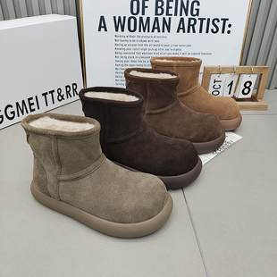 保暖雪地靴橡胶厚底款 TTRR正品 真皮大头磨砂皮厚绒女短靴2025冬季