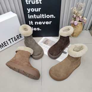 款 TTRR正品 大头厚底雪地靴厚绒侧拉链磨砂皮毛毛口女短靴2025冬季