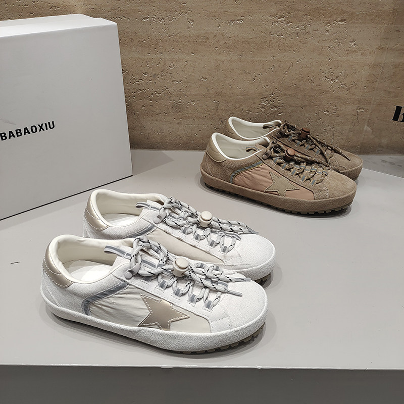 巴宝秀磨砂皮拼接德训鞋圆头星星平底绑带韩版女鞋2026春透气百搭,女鞋,棉鞋,淘宝优惠券,粉丝福利购,淘宝优惠卷