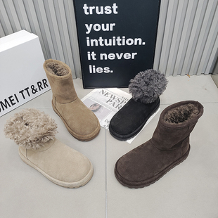 长毛绒保暖女短靴厚底拼接套筒女鞋 TTRR正品 磨砂皮雪地靴2025冬季