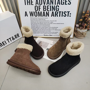 保暖厚绒复古款 TTRR正品 磨砂皮女短靴毛毛口侧拉链雪地靴2025冬季