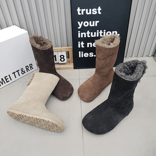 百搭 保暖时尚 TTRR正品 磨砂皮厚绒雪地靴圆头平底中筒女靴2025冬季