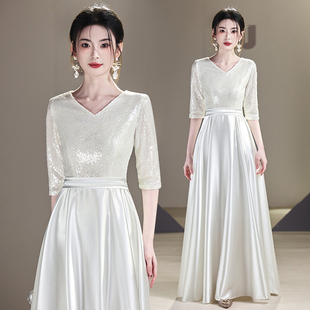 白色大合唱团演出服女主持指挥舞台比赛宴会钢琴演奏晚礼服装 长裙