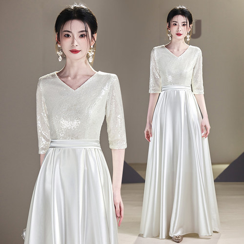 白色大合唱团演出服女主持指挥舞台比赛宴会钢琴演奏晚礼服装长裙