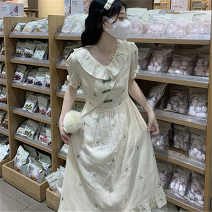 实拍刺绣花朵改良旗袍收腰显瘦连衣裙新中式 娃娃领甜美气质裙子