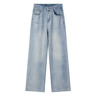 春季 满天星烫钻直筒牛仔裤 新款 胖mm高腰显瘦窄版 大码 阔腿长裤 女装