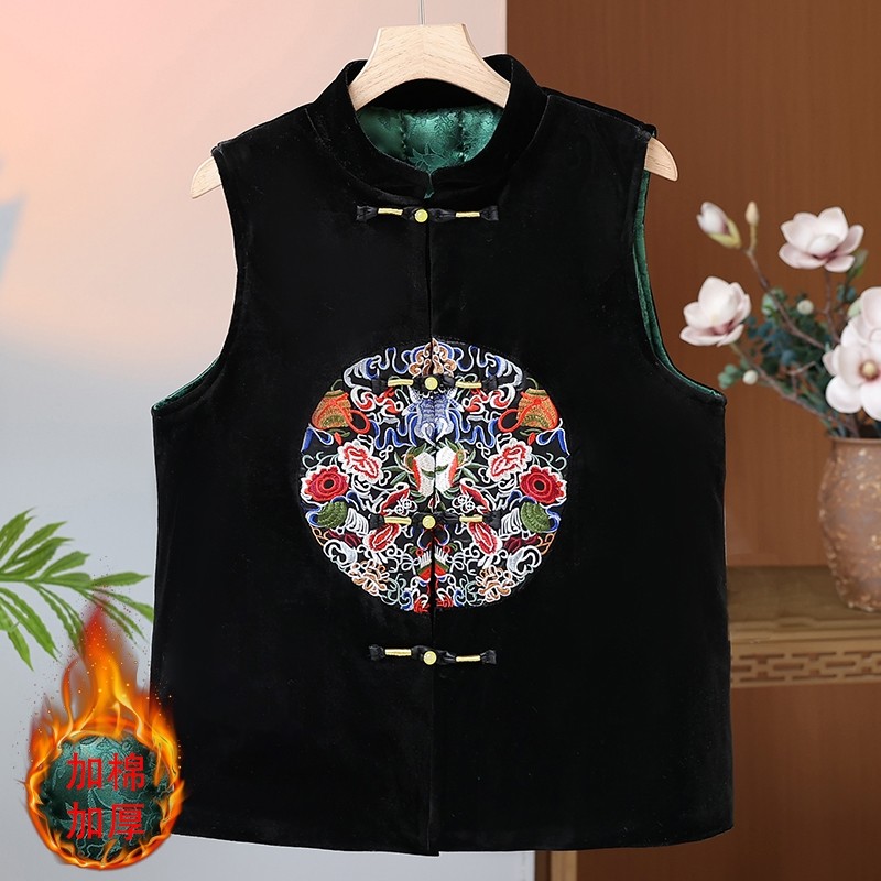 妈妈新中式盘扣绣花金丝绒马甲中老年女春装新款国风复古马夹外套,女装/女士精品,大码内搭,淘宝优惠券,粉丝福利购,淘宝优惠卷