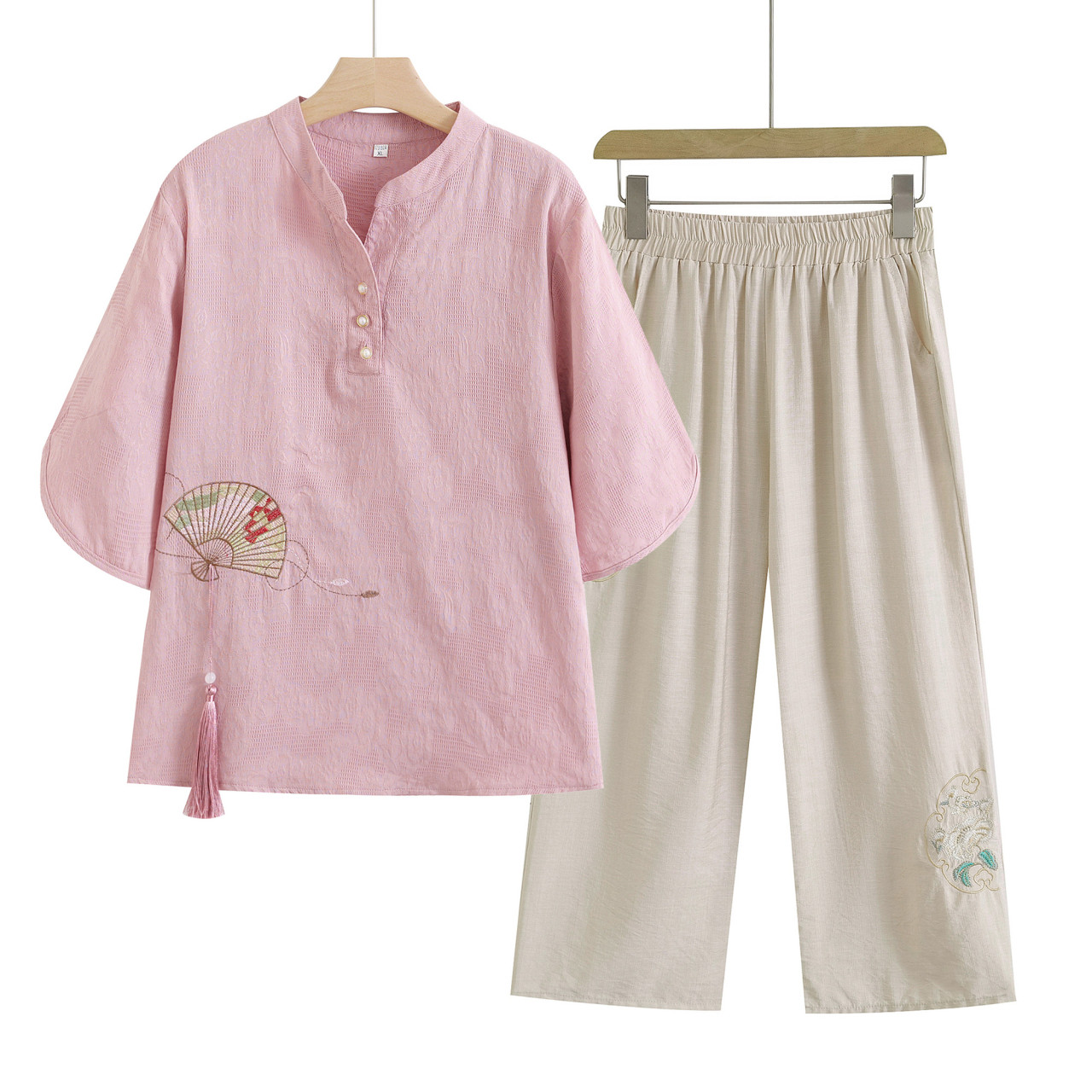 妈妈夏季套装纯棉立领刺绣上衣棉麻短袖t恤女中老年复古衬衫薄款