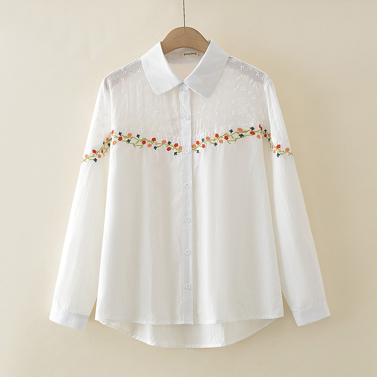大码女白色衬衣纯棉新款百搭宽松刺绣翻领上衣长袖夏季防晒衣衬衫
