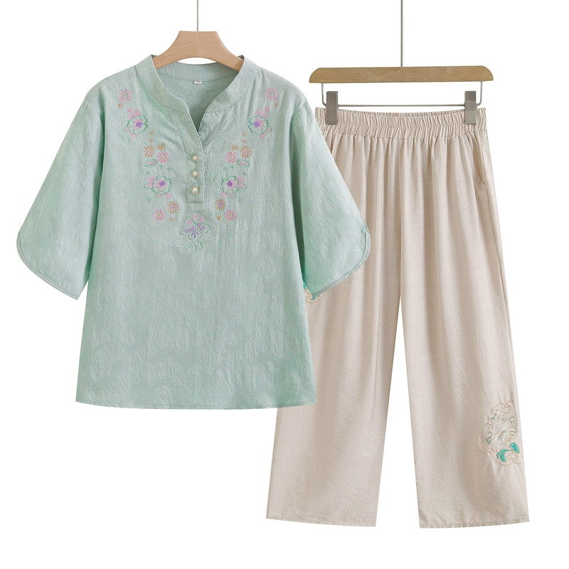 妈妈夏装2025新款洋气纯棉麻套装女夏装小个子复古女装中国风上衣