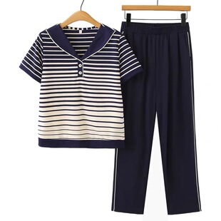 中年妈妈夏装休闲运动服套装女中老年夏季短袖t恤洋气上衣两件套