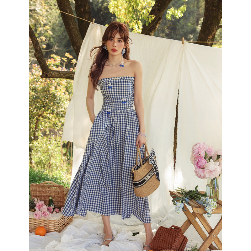CLOUDSEASON樱桃格子抹胸连衣裙长款蓝色高腰高级感A字裙收腰显瘦