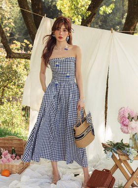 蓓蓓同款CLOUDSEASON樱桃格子抹胸连衣裙长款蓝色高腰高级感A字裙