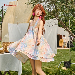 CLOUDSEASON迷迭花园挂脖连衣裙2026新款莫奈花园背心挂脖连衣裙