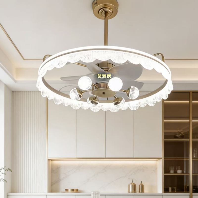 轻奢智能餐厅大气客厅金色卧室灯2023新款带风扇灯360度静音一体
