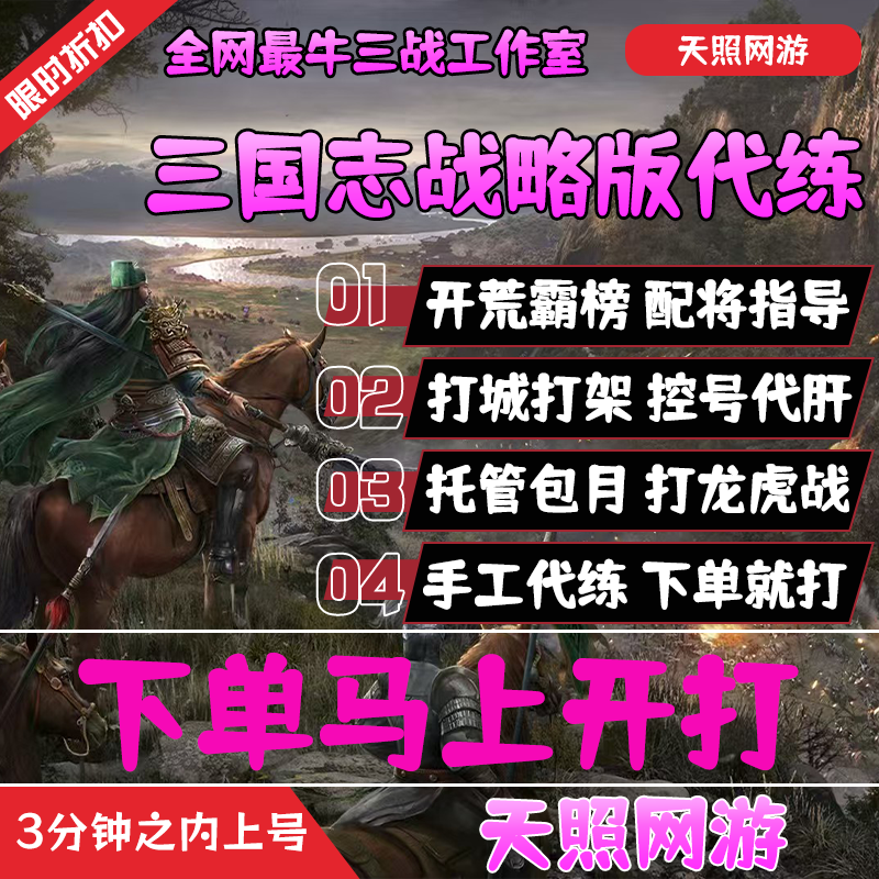 三国志战略版开荒代练代肝配将打势力值练级打城控号夜控s1s2s3pk