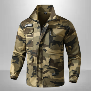 春秋加厚纯棉弹力工作服单上衣多口袋宽松耐磨防烫迷彩工装外套男